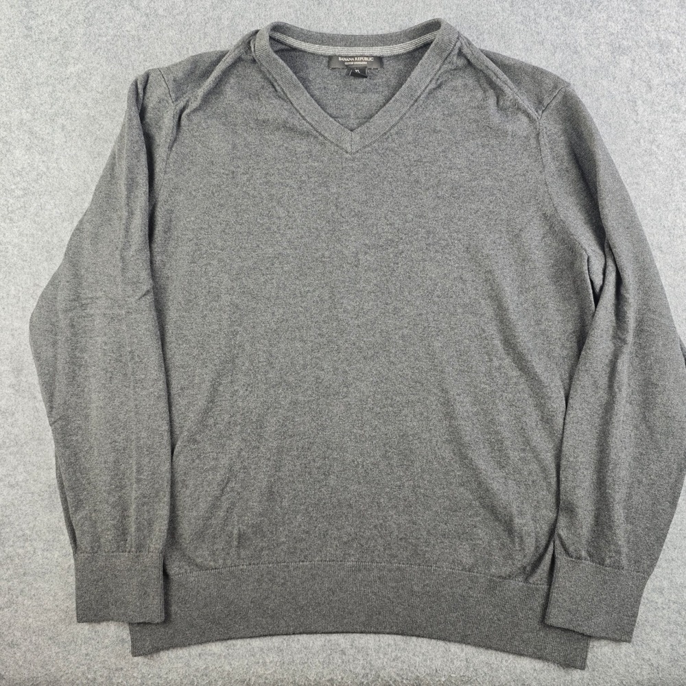 Banana Republic Mens XL Gray Cotton Cashmere V-Neck Sweater Long Sleeve Pullover